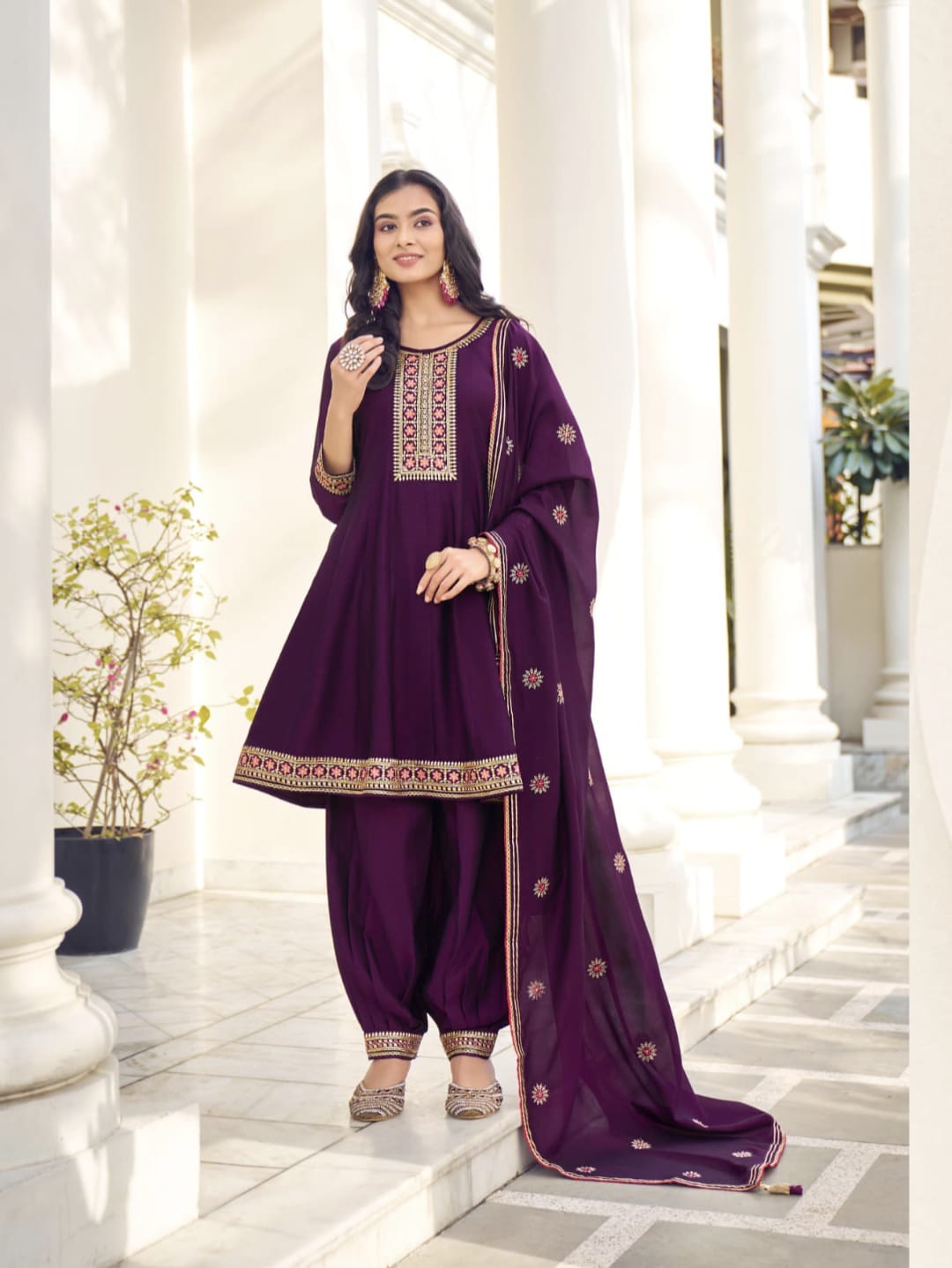 Silk Anarkali Suit with Afgani Bottom and Dupatta Wine