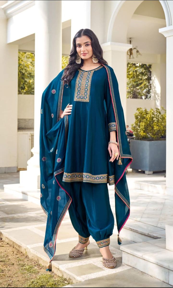 Silk Anarkali Suit with Afgani Bottom and Dupatta